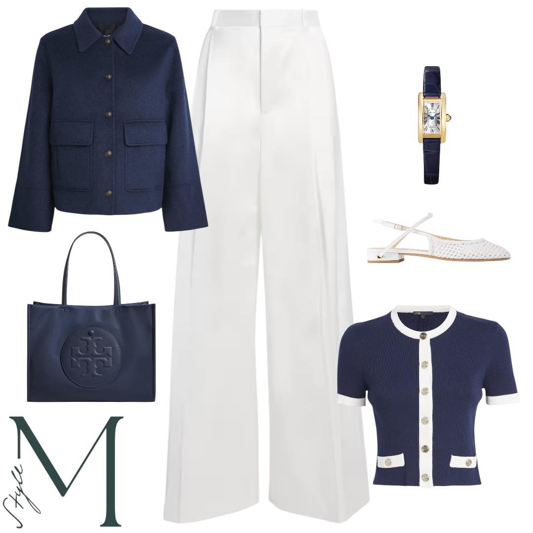 Navy Layers and White Wide-Leg Trousers for a Polished Day