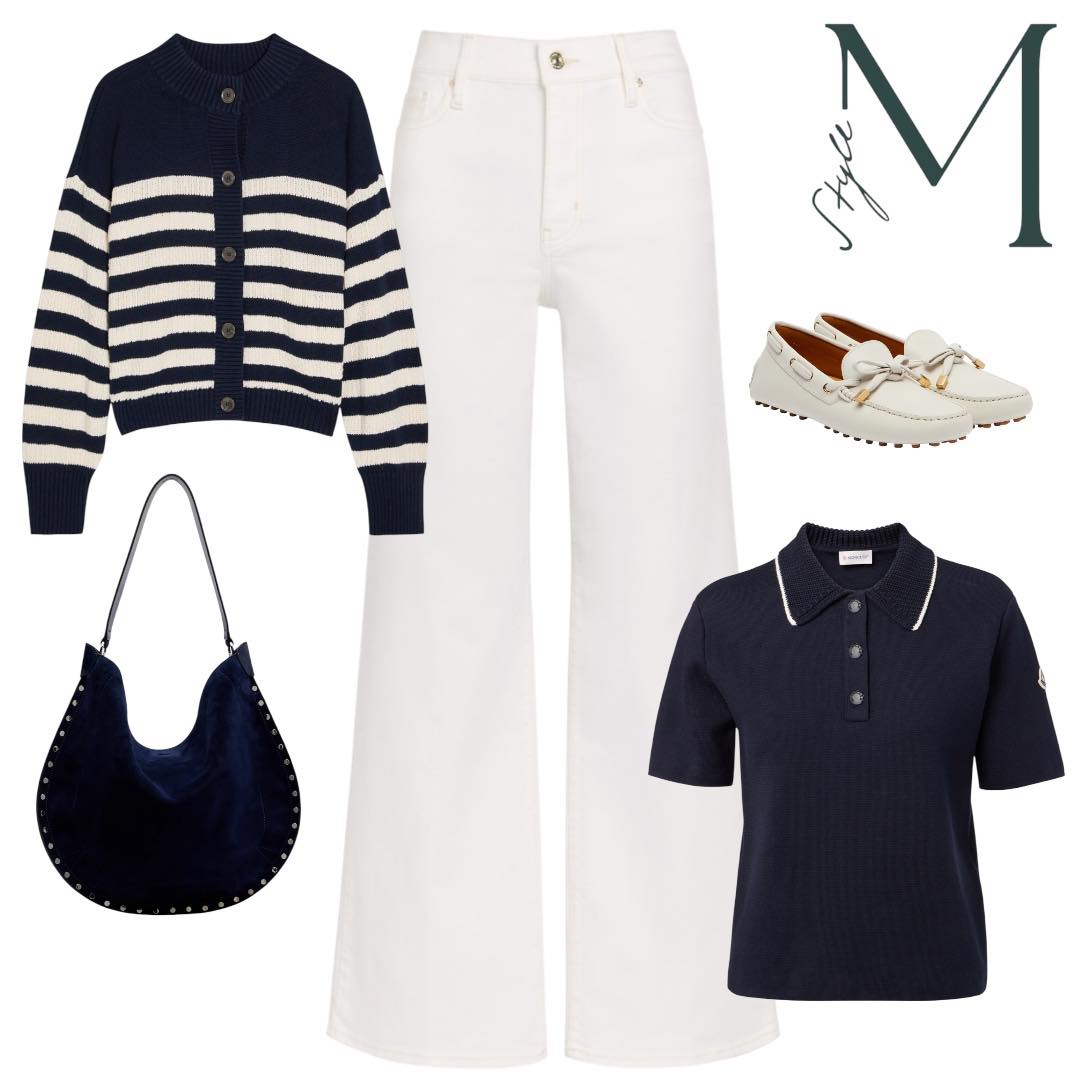 Navy Stripes and White Denim with a Soft Shoulder Bag