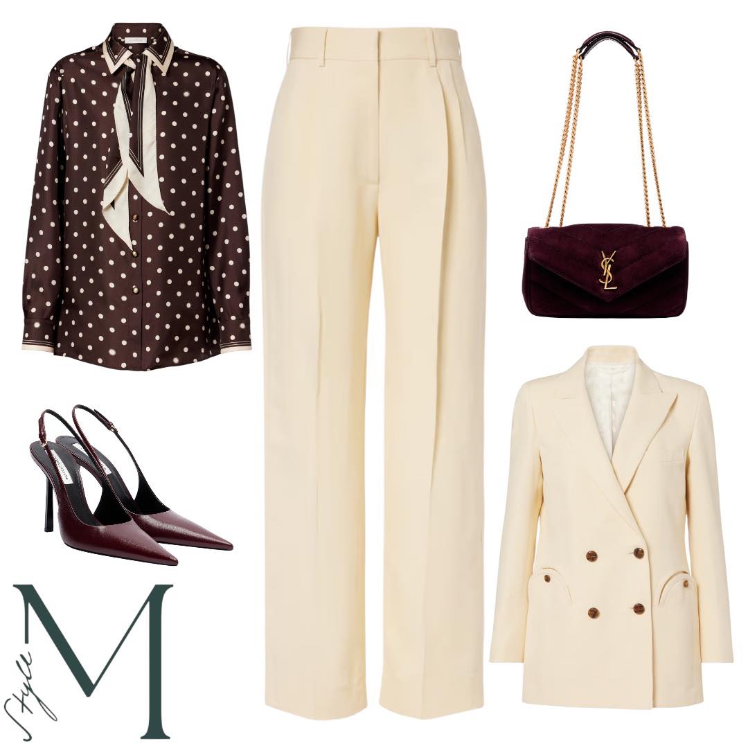 Cream Suiting, a Polka-Dot Blouse, and Burgundy Accessories