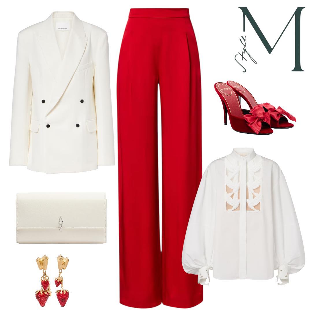 Red Wide-Leg Trousers with White Tailoring and Bow Details